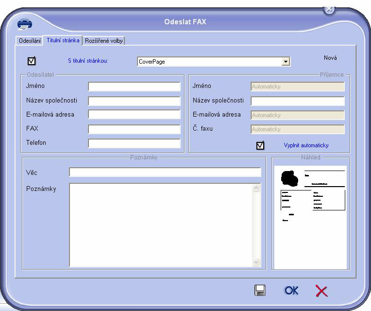 Popis záložky TITULNÍ STRÁNKA Políčko Název titulní stránky Odesílatel Adresát: jméno, společnost, služba.