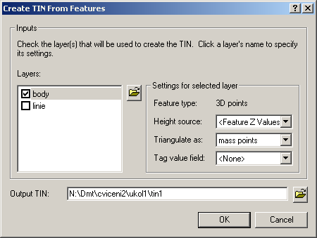 Krok 4: Tvorba digitálního modelu terénu V nadstavbě 3D Analyst (Create/Modify TIN Create TIN from Feature) vygenerujte z obou vrstev různé TIN s následujícím nastavením: TIN1 pouze z bodů, nastavení