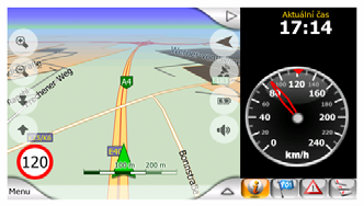 Při navigaci na trase budou tato pole zobrazovat vzdálenost k cíli, odhadovaný čas potřebný k dosažení cíle (Zbývající čas), aktuální čas, odhadovaný čas příjezdu do cíle a aktuální rychlost.