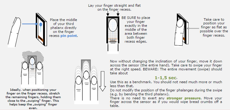 7.2.2 SPRÁVNÉ POUŽÍVÁNÍ SKENERU PRSTU Nejlepších výsledků docílíte použitím prostředníčku při současně narovnaném ukazováčku a prsteníčku. (viz. obrázek výše).
