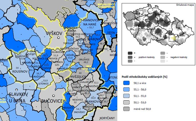 Území MAS vykazuje poměrně nízké hodnoty vysokoškolsky vzdělaných lidí. Uvedené hodnoty výrazně překračuje pouze město Vyškov. Kartogram č.