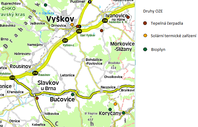 Mapa č. 1: Umístění OZE Povinnost mají splněnou jen některé obce a pro ostatní by mělo smysl pomáhat (poradit, sdílet zkušenosti, zprostředkovat) s levným a kvalitním zpracováním PENB.