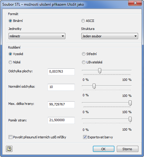 FSI VUT BAKALÁŘSKÁ PRÁCE List 26 Dalším krokem bylo nastavení STL formátu pomocí příkazu Možnosti, který je vidět ve spodní části obr. 3.4.