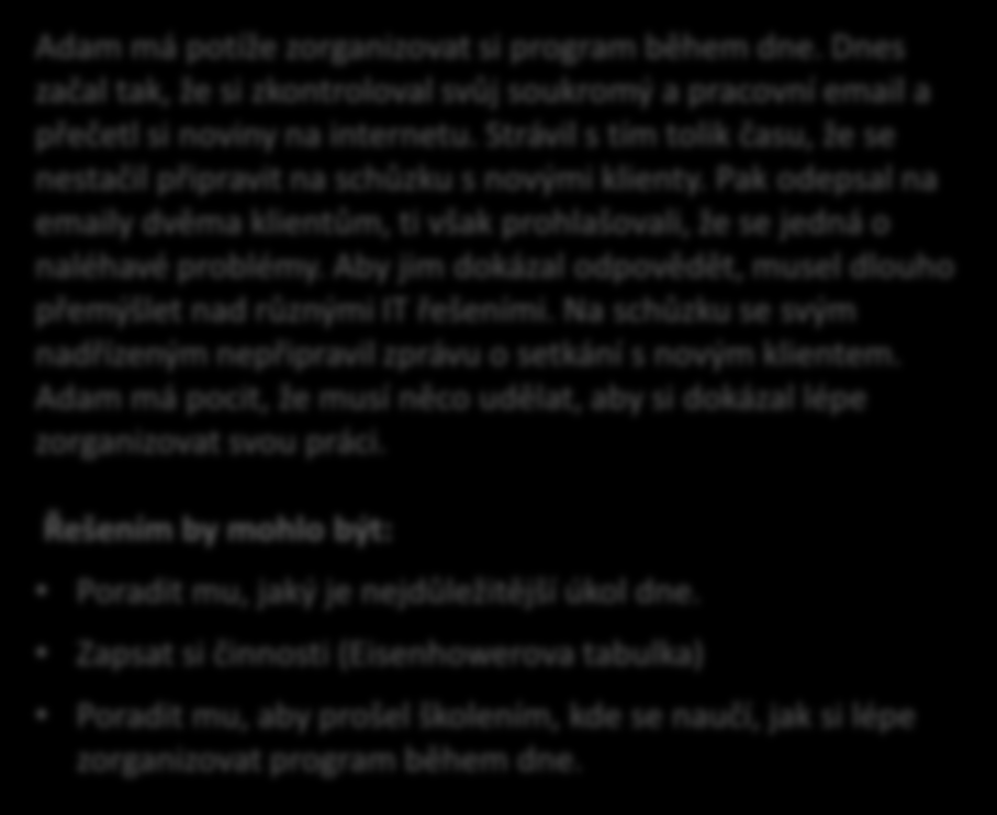 Příklady podpory na pracovišti Adam má potíže zorganizovat si program během dne. Dnes začal tak, že si zkontroloval svůj soukromý a pracovní email a přečetl si noviny na internetu.