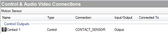 Connections ControlAV Driver má jednu Connection typu CONTACT_SENSOR pro připojení vizualizační ikony.