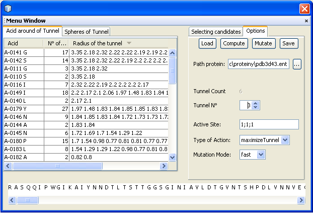 Na obrázku 4.5 můžeme vidět GUI po vypočítání všech mutací proteinu. Opět můžeme v prvním panelu prohlížet aminokyseliny, které obklopují tunel a koule tunelu jednotlivých mutací.