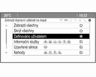 58 Navigace Zvolte u příslušné zprávy mezi Automatické přepočítání a Přepočítání po potvrzení. Dopravní incidenty na mapě Dopravní incidenty na mapě lze zobrazovat pomocí příslušných symbolů.