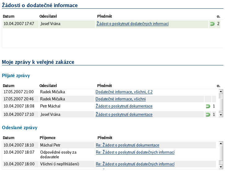 Obrázek 23: Přehled zpráv a dodatečných informací k veřejné zakázce (zadavatel) Výzva K odeslání výzvy dodavatelům slouží tlačítka poslat výzvu a poslat výzvu k jednání nahoře v záhlaví detailu