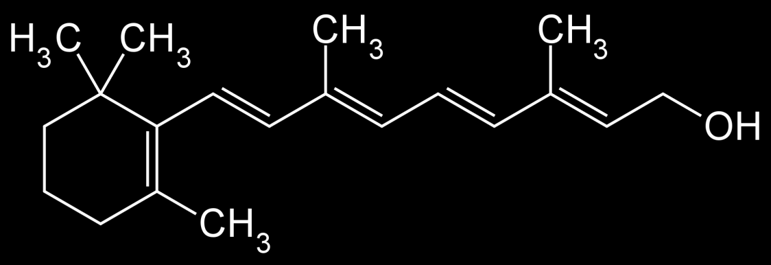 Vitamin A (retinol) Je rozpustný v tucích Dvě přirozené formy vitamín A1 (retinol) a vitamín A2 (3- dehydroretin). Je nutný pro 1.