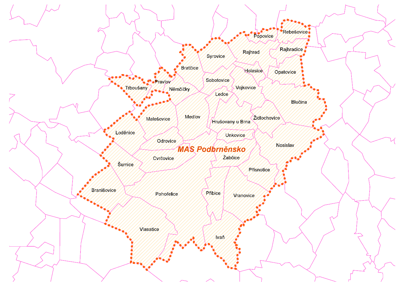 3. Územní specifikace MAS Podbrněnsko Podpořená akce musí být realizována na území MAS Podrněnsko o. s., tj. v katastrálním území daných obcí.