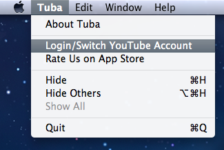 A1: Ano, pokud uživatel je seznámený s operačním systémem OS X. Pokud má potíže s tímto krokem, tak to není chybou aplikace, ale návrhu uživatelského rozhraní operačního systému. 2.1.2 Zvolit Login/Switch YouTube account Na obrázku 3 je vidět, že měnu neobsahuje příliš mnoho opcí, a druhá z nich Login/Switch YouTube account je zřejmě to, co se potřeba.