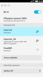 16 z 29 Přihlášení do Wi-Fi sítě Dále ťuknete na řádek Wi-Fi. Wi-Fi zapnete/vypnete stisknutím vypínače na konci řádku Wi-Fi.