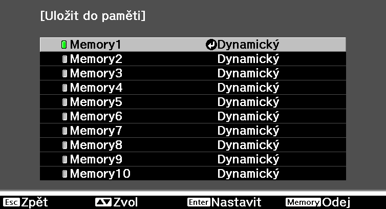 Nastavení obrazu Sledování obrazu v kvalitě, v níž byl uložen (Funkce paměti) Funkce ukládání V konfigurační nabídce si můžete pro pozdější použití uložit nastavené hodnoty k některým snímkům a