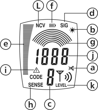 Přijímač 1. Sensor snímač 2. Osvětlení 3. LCD displej 4. NCV tlačítko (nedetekovat napětí) volba mezi lokátorem kabelu nebo detekcí síťového napětí 5. Tlačítko Osvětlení 6.