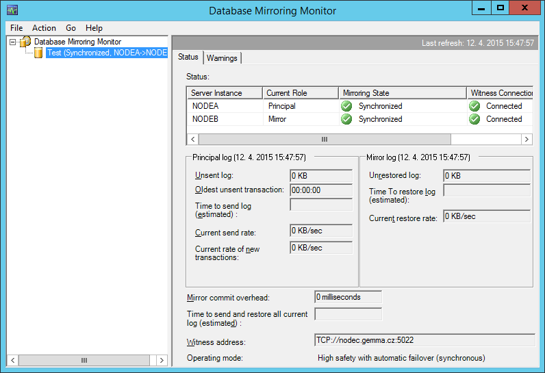 Obr. 1.20: Monitor zrcadlení databáze. 1.3.3. Bezpečnost, výhody a nevýhody použití zrcadlení databáze Mimo nastavení bezpečnosti popsané v kapitole 1.1.3, lze při konfiguraci zrcadlení databází zvolit možnost šifrování dat mezi instancemi.