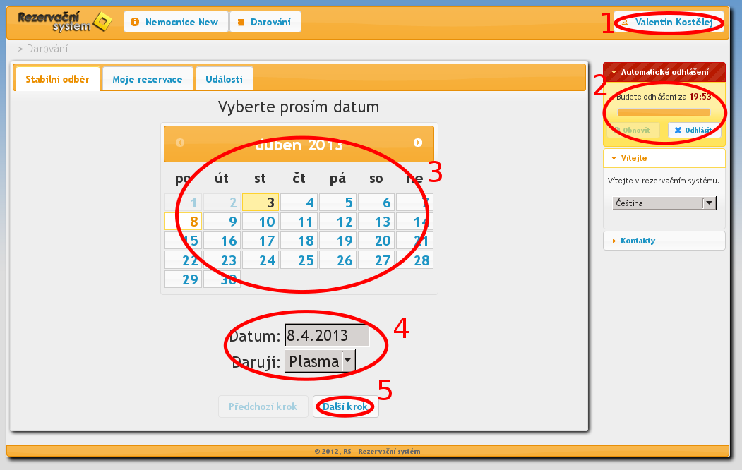 52 PŘÍLOHA B. NÁVOD PRO UŽIVATELE B.4 Darování B.4.1 Výběr data Obrázek B.3: Výběr data Po úspěšném přihlášení budete přesměrováni na stránku Darování do podsekce Stabilní odběr (obrázek B.3).