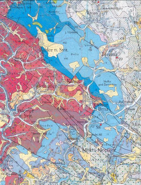 PŘÍLOHA č. 2 Geologická stavba Moravského krasu výřez z geologické mapy 1:50 000. (Upraveno podle Müller et al., 2000). LEGENDA antropogenní uloženiny fluviální hl.-p. sedimenty* deluviofluviální p.