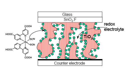 Organické polovodiče Michal Černošek 2011 Obr. 2.1: Struktura (DSSC). Po přijmutí světla barvivem je elektron injektován do vodivé vrstvy (TiO2).