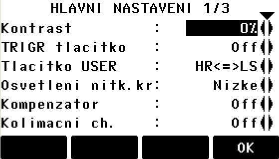 Nastavení konfigurace Přechod na obrazovku HLAVNÍ NASTAVENÍ (kontrast, trigr, osvětlení, kompenzátor apod.) Při měření na více cílů jsou zobrazeny vypočtené odchylky.