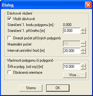 Příklad D Příčné řezy 1. Klikněte na polygon, představující trasu podélného profilu. 2. Stisknutím ikony vyvoláte dialog pro hromadné příčných polygonů: 3.