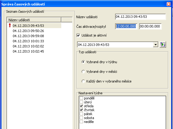 Po seřízení času přejdeme na Časový automat (obr. 7.3). Klikneme na ikonu Správa časových událostí. Obr. 7.3 Nastavení časových událostí Zvolíme Přidat novou akci.