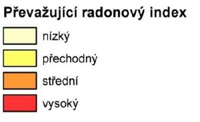 Převážně nízký radonový index 7-15-mezozoikum-sedimenty 24-paleozoikum-gabro 29-31, 37-41 - proterozoikum - kvarcity, amfibolity, krystalické vápence