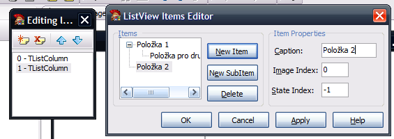 Důležité vlastnosti TListView Důležitou vlastností je ViewStyle, který určuje mód zobrazení: - vsicon zobrazení v módu ikon - vslist jednoduchý seznam - vssmallicon podobně jako vsicon, jen malé