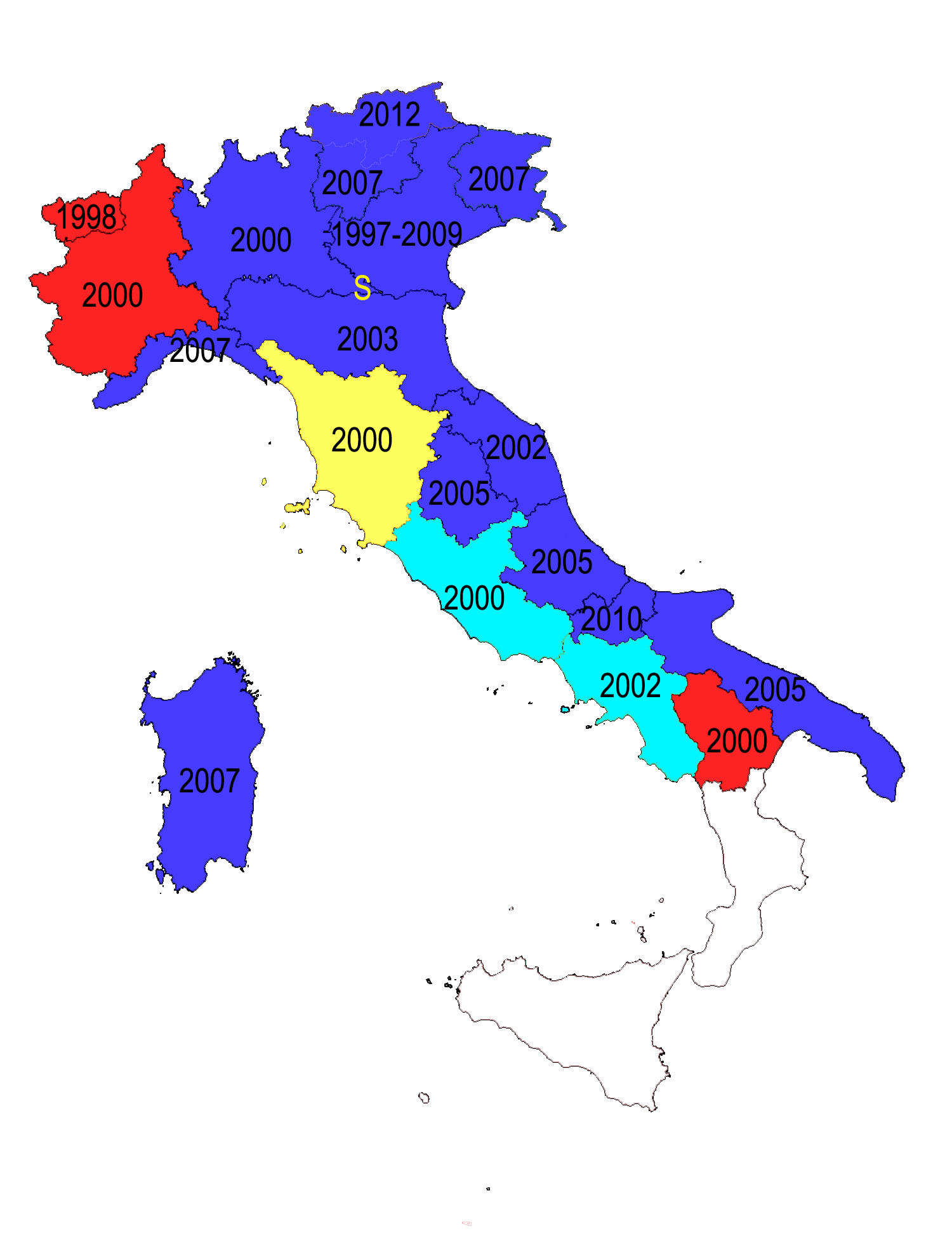 Obrázek 1. Mapa Itálie znázorňující, které regiony mají jaké zákony o venkovním osvětlování, a kdy vešly v platnost.
