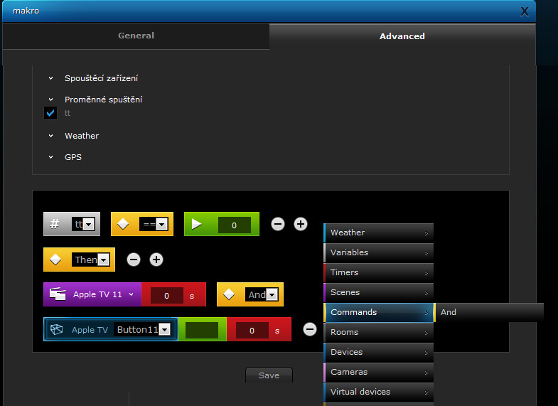 Pro vložení dalšího povelu/tlačítka virt. zařízení použijte vazební příkaz AND z menu Commands viz obrázek dole. Pro vložení prodlevy mezi vysílanými příkazy můžete použít např.