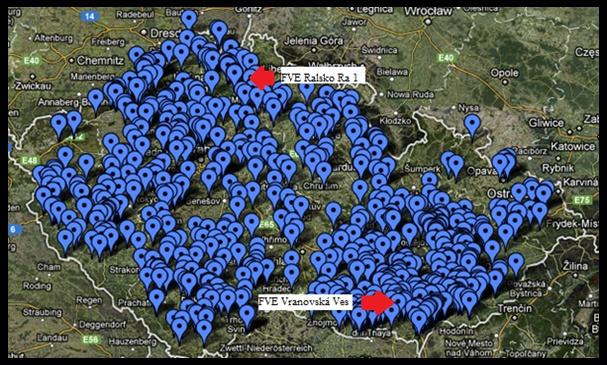 Největší FVE Ralsko Ra 1 leží v Ústeckém kraji, kde je průměrný roční úhrn globálního záření okolo 3 500 MJ/m 2.