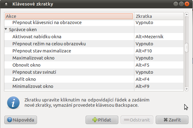 7. Pokuste se nastavit klávesou zkratku pro spuštění Terminálu. Klávesová zkratka bude CTRL+ALT+T.