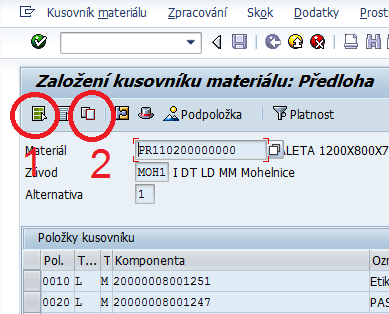 UTB ve Zlíně, Fakulta managementu a ekonomiky 110 Krok 2b: Kopírování předlohy: zelená ikona (1) slouží pro označení všech položek (obalového materiálu) z dané předlohy kusovníku, ikona Převzít (2)