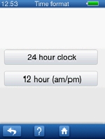 Nastavení AccuScreenu 9.2 Nastavení času a data 1. Stiskněte tlačítko Time and Date na obrazovce Settings pro změnu nastavení. Datum pak můžete nastavit v horní a čas v dolní části obrazovky.