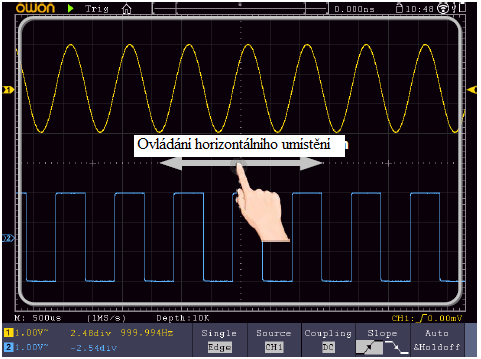 Gesta v módu Normal - Výběr kanálu (tlačítko CH1 nebo CH2): Dotkněte se ukazatele na levé straně odpovídajícího kanálu pro přepnutí do požadovaného stavu.