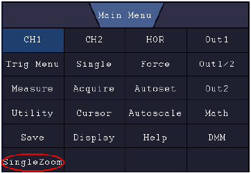 Double Zoom a Single Zoom V panelu dotykového menu, když máte vybraný DoubleZoom, tak můžete v oblasti zobrazení rozšířit horizontálně časovou základnu a