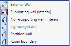 Příručka 10 Modul stavebních komponentů 10.1 Zdi 10.1.1 Typy zdí Software nabízí šest předdefinovaných typů zdí, které mohou být vybrány pro vloţení příslušným tlačítkem.