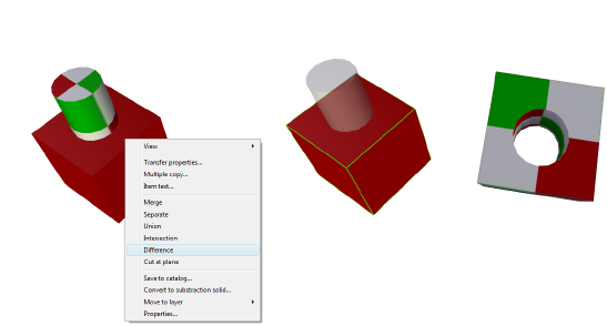 Příručka 15.10.4 Rozdíl Pravděpodobně jedna z nejčastěji pouţívaných operací je Rozdíl. To umoţňuje odečíst jednu 3D konstrukci od druhé.