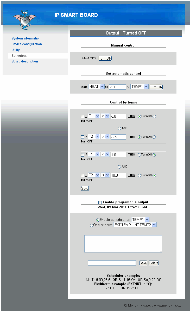 6. Set output menu pro nastavení výstupního relé, manuálně