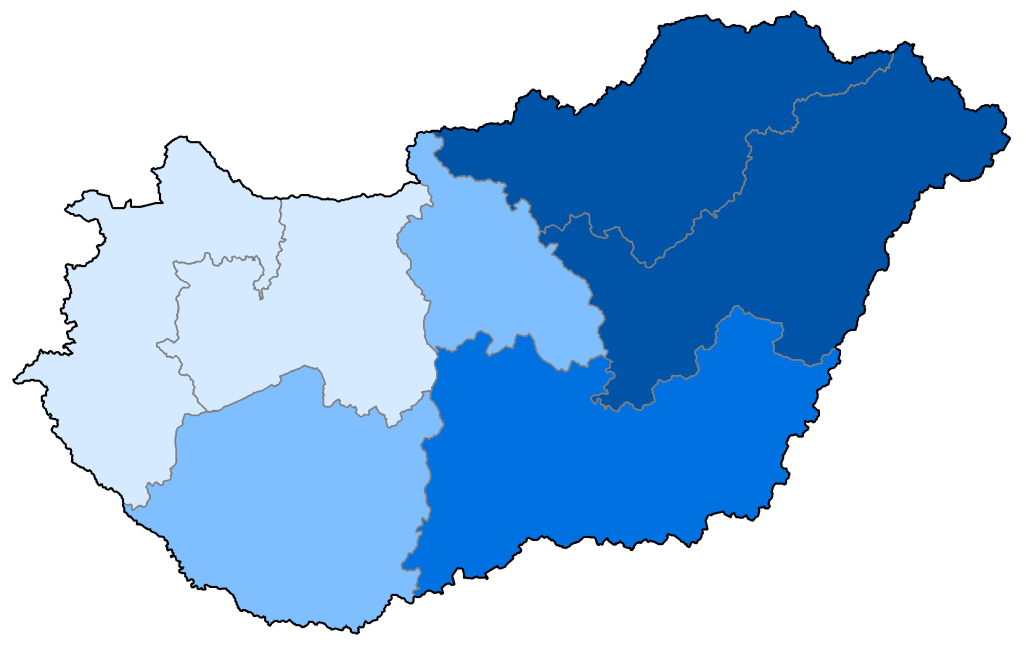 5.2. Regionální statistiky trhu práce (NUTS II) Podíl obyvatel s ukončeným středoškolským vzděláním v roce 2014 se ve všech maďarských regionech pohybuje okolo 60 % (Česká republika 71,7 %),