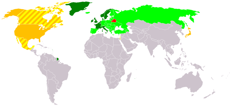 Dark green: ten original members Light green: joined subsequently Yellow: observer at the