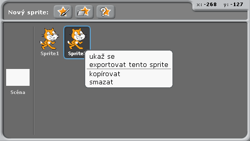 Ikona pozadí s náhledem a informacemi o počtu skriptů Možnosti vytvoření nového spritu (malování, načtení ze souboru, náhodný výběr) Seznam spritů v projektu