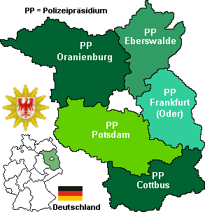 Spolková země Braniborsko Braniborsko (Brandenburg) se dělí na 18 administrativních (14 venkovských Landkreise a 4 městské, kreisfreie Städte), ale pouze na 15 policejních oblastí (Schutzbereich, SB).