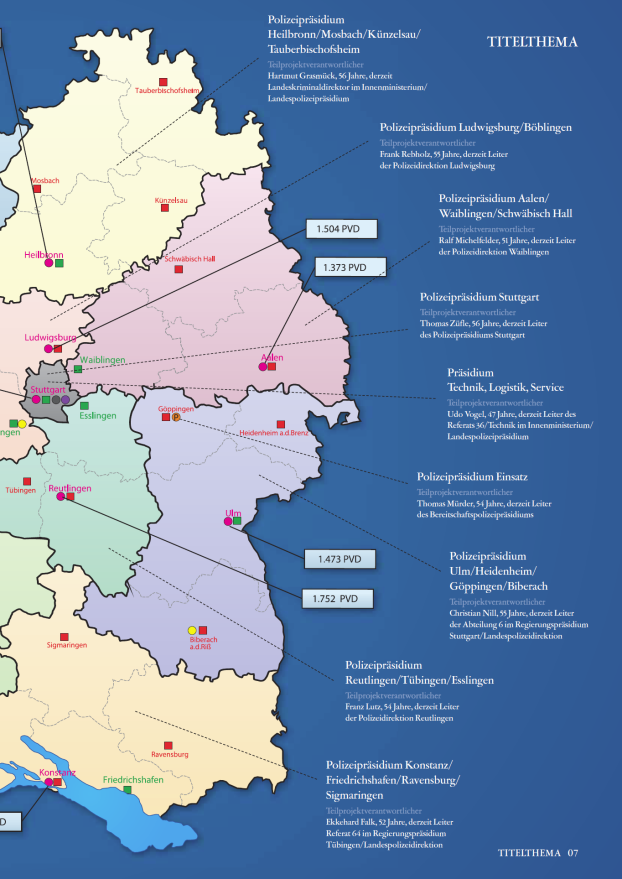 název presidia Mannheim, Heidelberg Heilbronn, Künzelsau, Tauberbischof sheim, Mosbach Karlsruhe, Pforzheim, Calw Ludwigsburg, Böblingen Aalen, Waiblingen, Schwäbisch Hall Stuttgart Reutlingen,