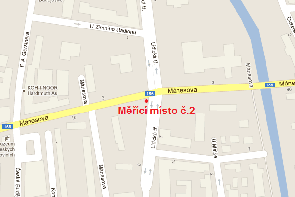 4.2 Měřící místo č. 2 - křižovatka ulic Lidická a Mánesova Mapa 2 - měřící místo č. 2 - křižovatka ulic Lidická a Mánesova [16] 4.2.1 Popis měřícího místa č. 2 - Datum měření: 14. 3.