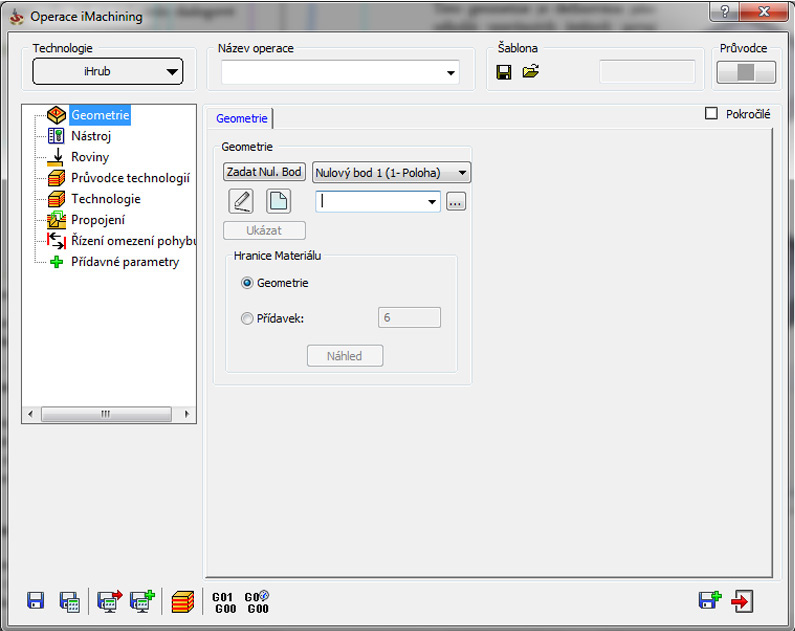 3. Definujte hrubování vnější kontury Když jste potvrdili definici stroje a materiálu, tak se zobrazilo dialogové okno Operace imachining.