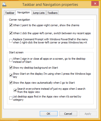 Přizpůsobení obrazovky Start Operační systém Windows 8.1 rovněž umožňuje přizpůsobit obrazovku Start, spouštět systém přímo v režimu pracovní plochy a přizpůsobovat uspořádání zobrazených aplikací.