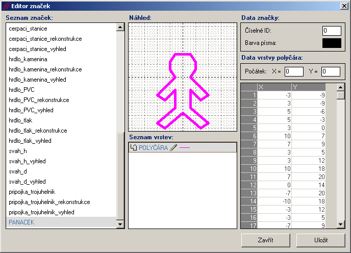 3. Vložit polyčáru: o Vloží se základní definice polyčáry a musí se kliknout v Seznamu vrstev na vloženou polyčáru a pak se otevře mřížka x,y s definicemi koncových bodů čáry.