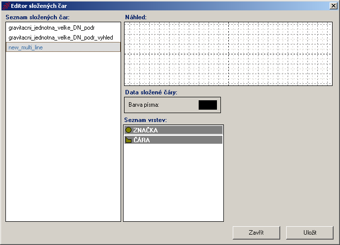 1.3.4 Vložení a definice nové složené čáry Kromě již vložených definicí je možné si vytvořit novou složenou čáru, dle vlastních požadavků. Nový řádek do Seznamu složených čar se vloží klávesou Insert.