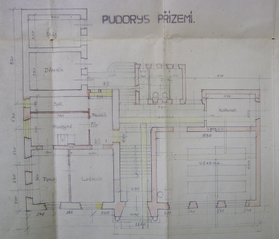 Obr. č. 7 Nerealizovaný plán stavby školní budovy z roku 1930, celkový pohled Repro: SOkA Uherské Hradiště, OŠR Uherský Brod, Jestřabí: obecná škola, inv. č. 210, kart.