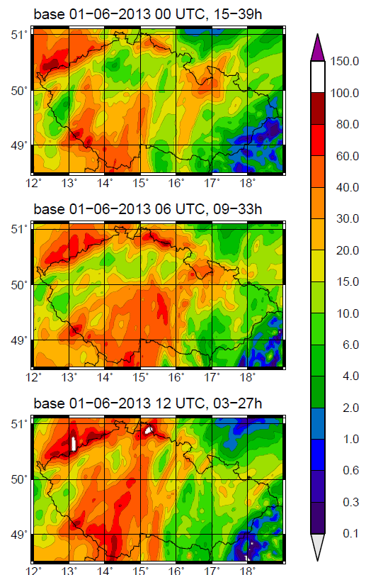 Obr. 3.28 - Naměřené 24hodinové srážky od 1. 6. 08 SELČ do 2. 6. 2013 08 SELČ (3. řádek vpravo) a předpověď 24hodinových srážek modelem ALADIN pro předstihy předpovědí od +54 do +30 hodin. Obr. 3.29 - Předpovědi 24hodinových srážek modelem ALADIN na období vrcholu srážkové činnosti od 1.